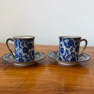 Vintage Takahashi Blue/White Floral Takahashi Coffee/Tea Cups & Saucer Set of 2